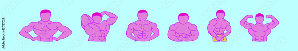 set of body building cartoon icon design template with various models. vector illustration isolated on blue background set of body building cartoon icon design template with various models. vector illustration isolated on blue background