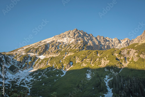 The peaks of High Tatra Mountains in the morning sunlight. Forest of short mountain pines is growing on the slopes. Selective focus on the rocks, blurred background. photo