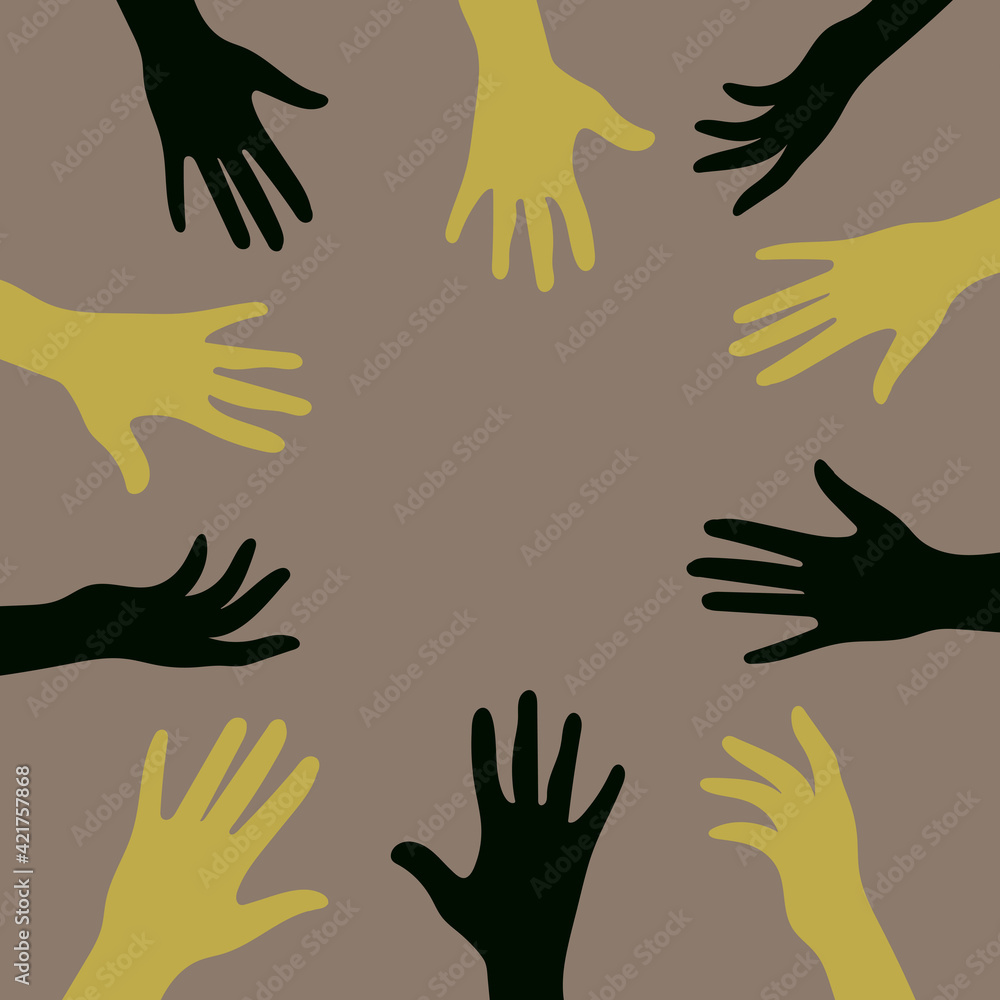 Hands of people with different skin colors, different nationalities and religions. Activists, feminists and other communities are fighting for equality. The crowd votes. 