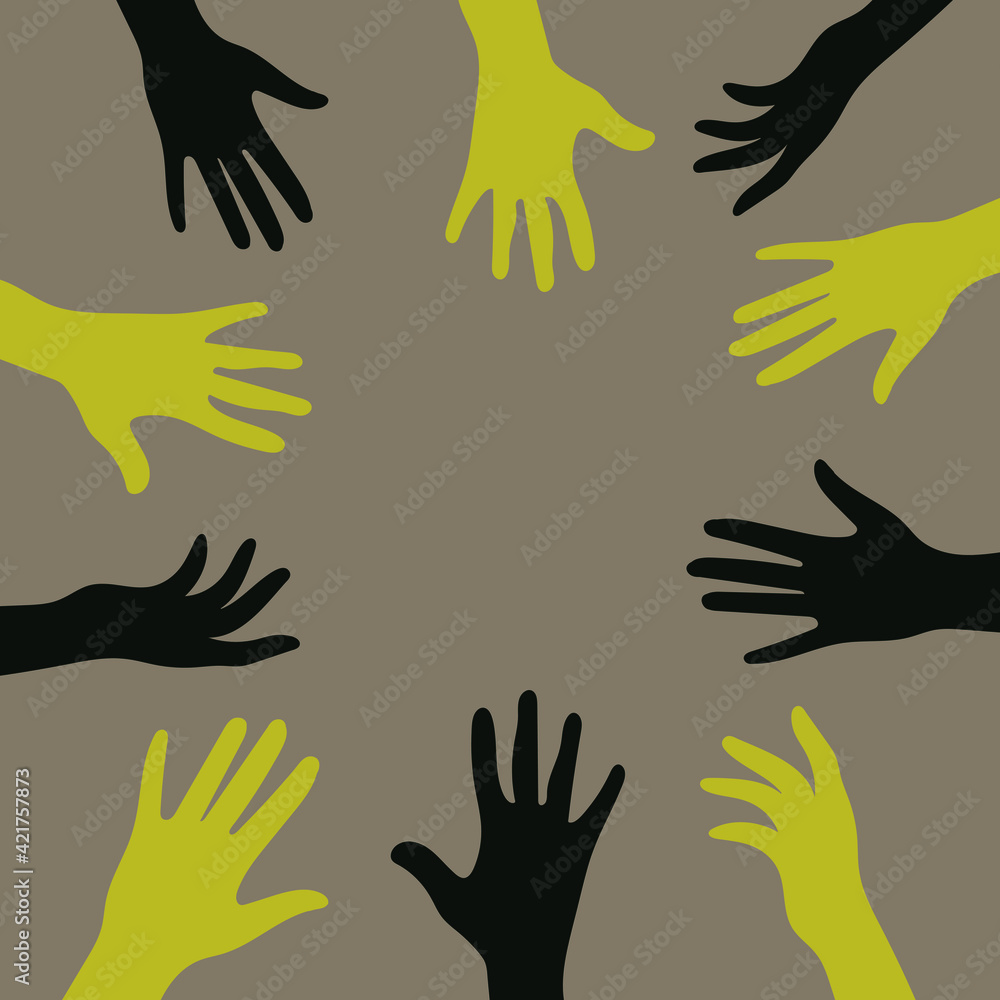 Hands of people with different skin colors, different nationalities and religions. Activists, feminists and other communities are fighting for equality. The crowd votes. Vector graphics. Hands of people with different skin colors, different nationalities and religions. Activists, feminists and other communities are fighting for equality. The crowd votes. Vector graphics.