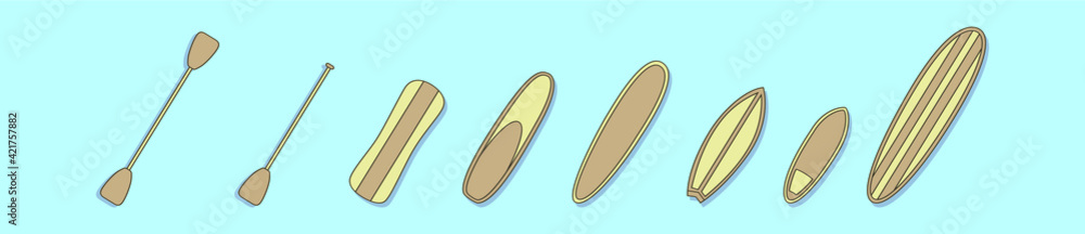 set of paddle board cartoon icon design template with various models. vector illustration isolated on blue background set of paddle board cartoon icon design template with various models. vector illustration isolated on blue background