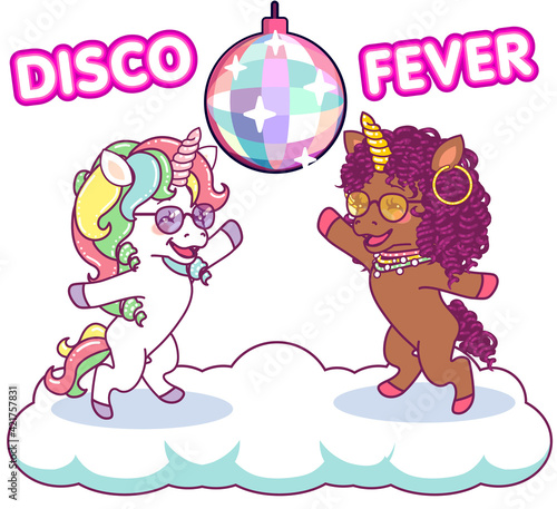 Cool unicorns dancing at the disco under the mirrorball, 70s disco fever