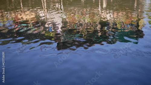 Blurred reflections of houses in the canal water. Surface abstract background, water surface background. 