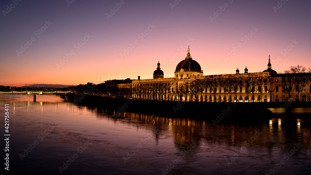 Panorama at dawn on the hotel Dieu on the Rhône river in Lyon 