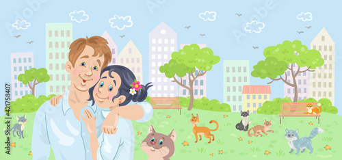 Young happy couple of young man and woman walk in the summer city park with cats. Couple in love. People and animals. In cartoon style. Vector illustration.
