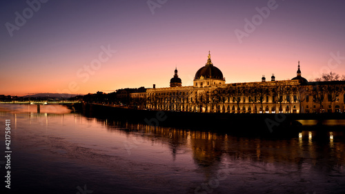 Panorama at dawn on the hotel Dieu on the Rhône river in Lyon  © jakezc