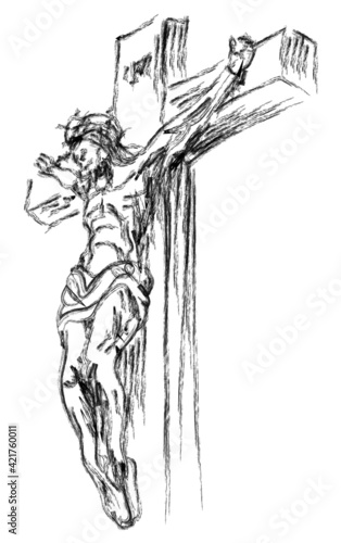 jesus christ on cross, crucifixion of son of god,  holy spirit crucifix brush sketch style vector illustration