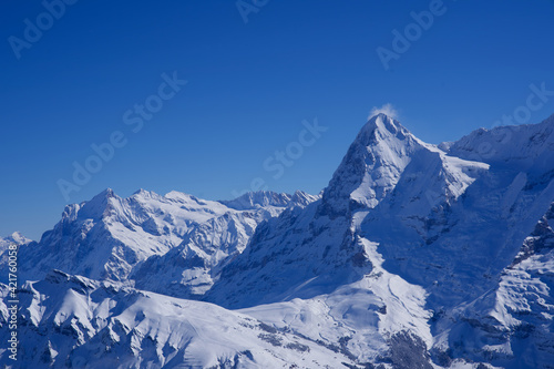 Panorama of Bernese Alps with Mountain Peak Eiger, seen from Mürren, Switzerland.