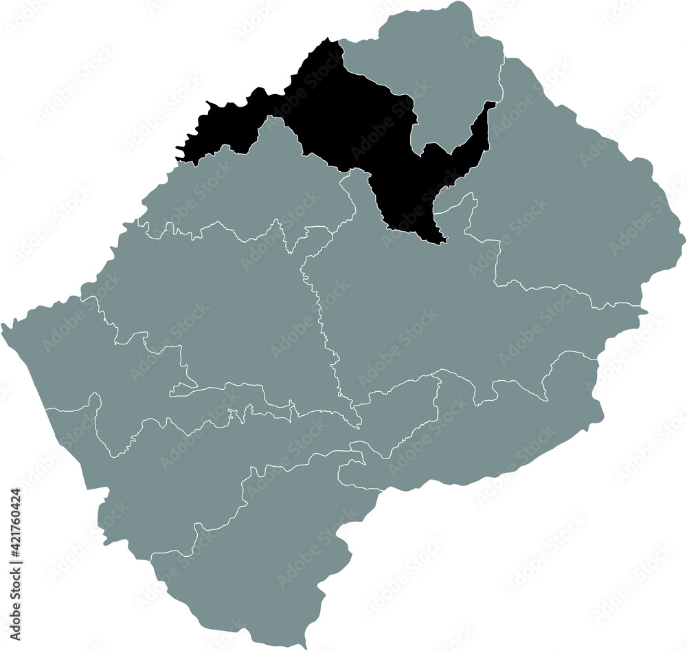 Black highlighted location map of the Lesothan Leribe district inside gray map of the Kingdom of Lesotho