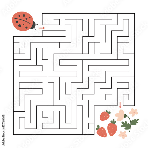 Spring maze game for children and adults. Help the ladybug find right way to strawberries. Educational worksheet. Cute hand drawn character.