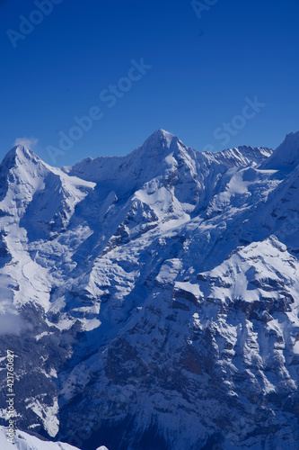 Panorama of Bernese Alps with Mountain Peaks Eiger and Mönch (monk), seen from Mürren, Switzerland. © Michael Derrer Fuchs