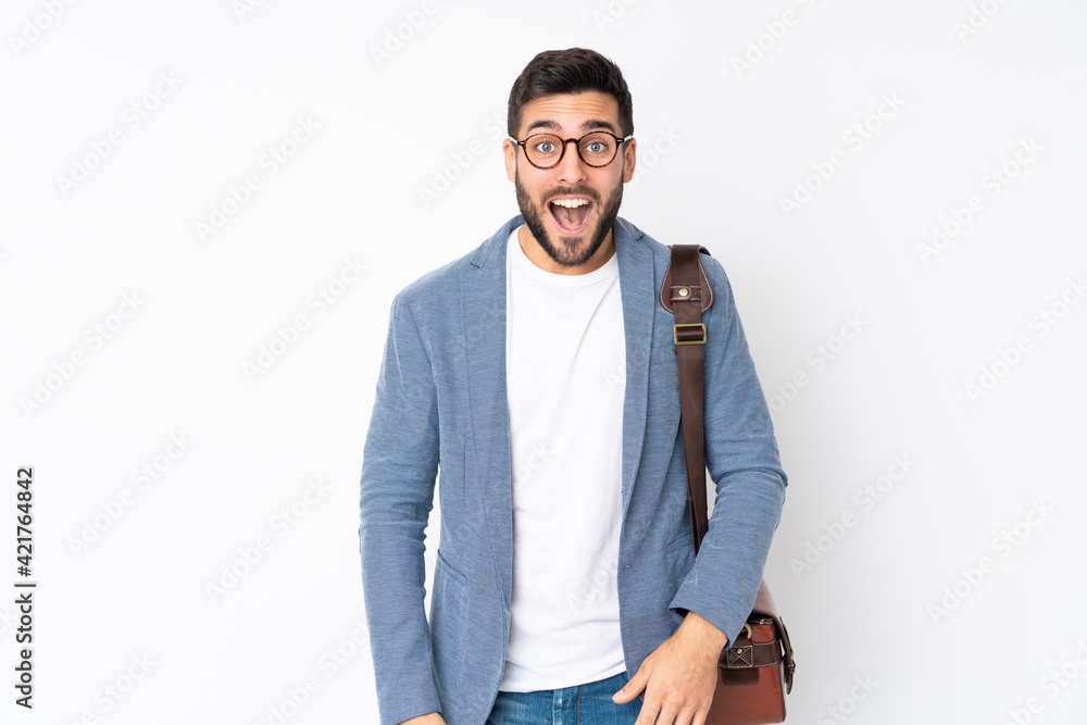 Caucasian business man isolated on white background with surprise facial expression Caucasian business man isolated on white background with surprise facial expression