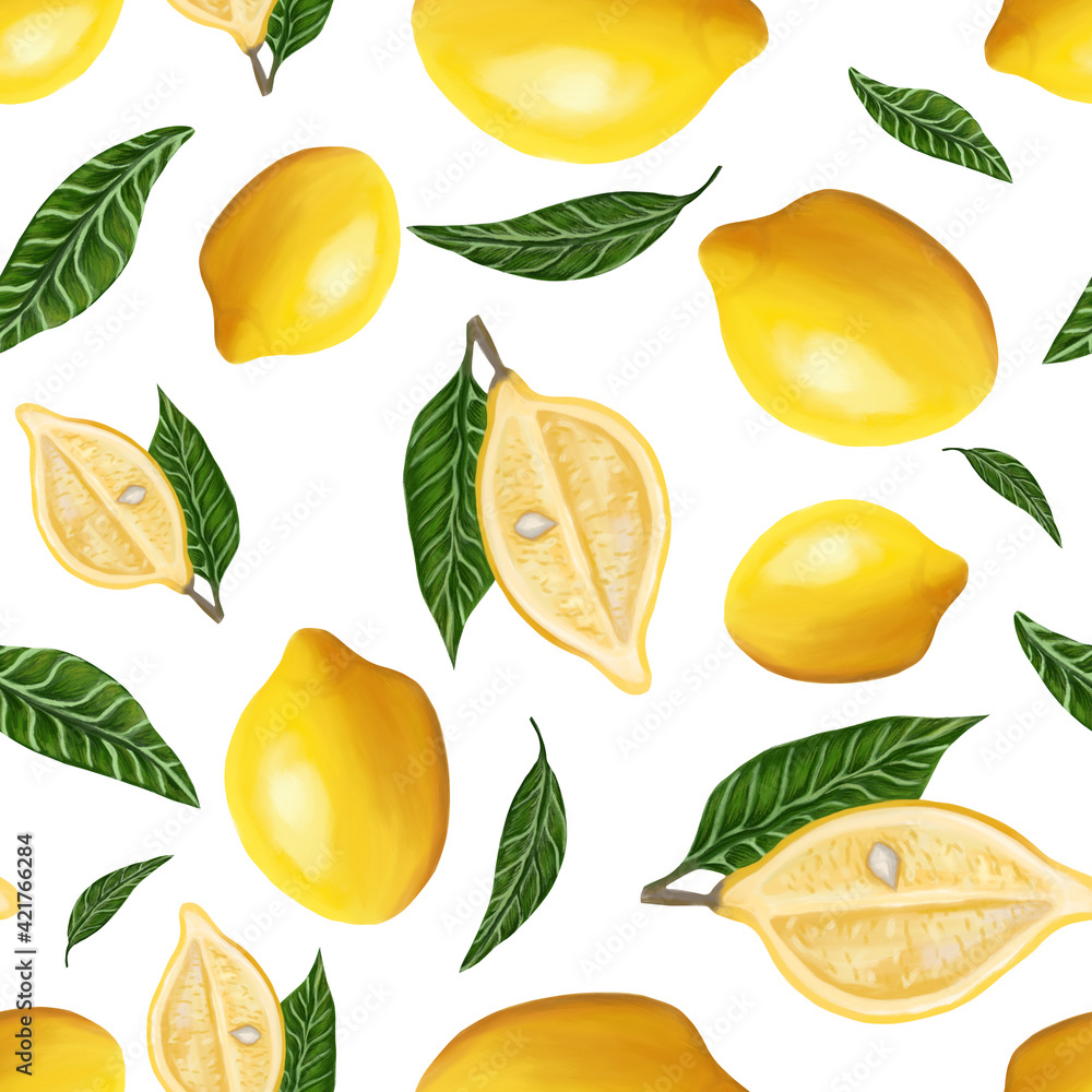 Juicy lemons seamless pattern on a white background. Yellow citruses, lemon slice, leaves and seeds. Raster illustration in the style of realism, digital imitation of oil. Juicy lemons seamless pattern on a white background. Yellow citruses, lemon slice, leaves and seeds. Raster illustration in the style of realism, digital imitation of oil.