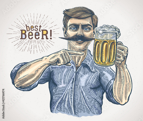 Man, maybe a brewer, pointing with a hand gesture at the mug with beer.