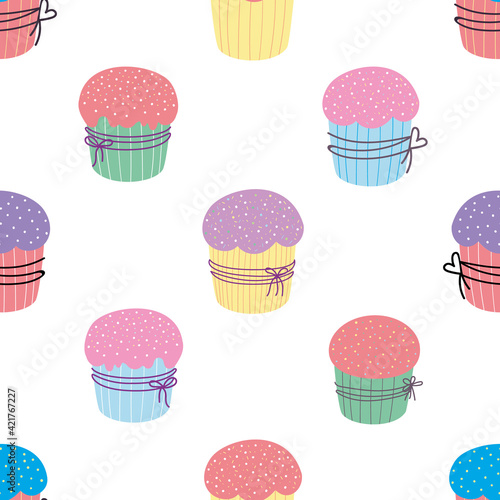 Cupcake seamless pattern. Easter cake pattern. Vector illustration in flat cartoon style. Design for Easter, textiles, wrapping paper