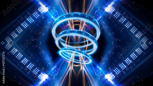 Fototapeta Naklejka Na Ścianę i Meble -  Dark abstract neon blue futuristic background with light rings, spotlights, neon rays and lines. Night view, show illumination. Space fantasy. 3D illustration