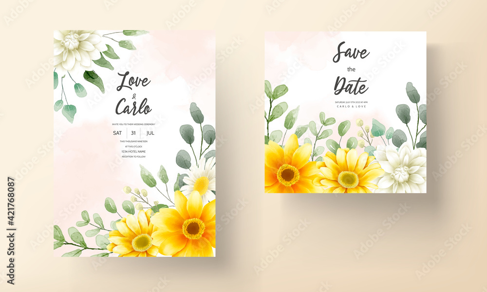Naklejka premium Wedding invitation card with beautiful blooming daisy flower template