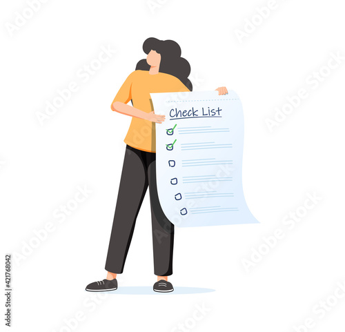 Flat outline to do list, Month planning, time management. The woman is standing with a large to do list. Plan fulfilled.