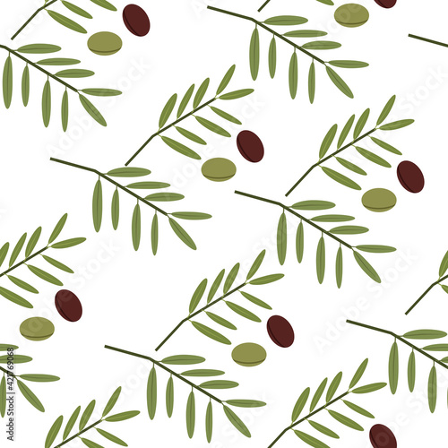 Branches with leaves and fruits of olives seamless pattern on a white background