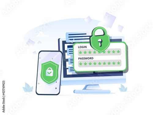 2fa authentication password secure notice login verification or sms with push code message shield icon in smartphone.