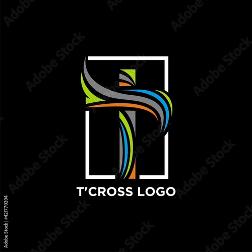 Christian cross logo design with T initial concept modern color