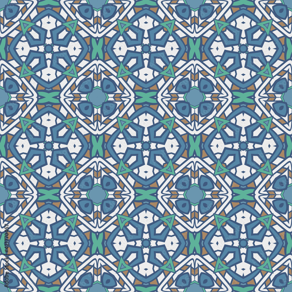 Creative color abstract geometric pattern in white gray blue green, vector seamless, can be used for printing onto fabric, interior, design, textile, carpet, tiles, pillows.