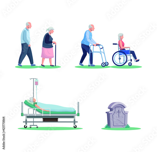 Senior elderly couple aging process sick chronic disease and dead vector illustration.