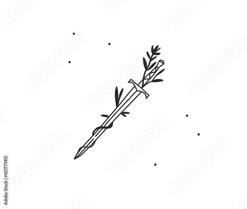 Hand drawn vector abstract stock flat graphic illustration with logo element line art of mystic symbol,sword in floral leaves in simple style for branding,isolated on white background