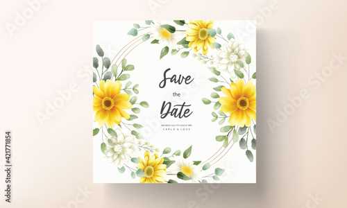 Wedding invitation card with beautiful blooming daisy flower template