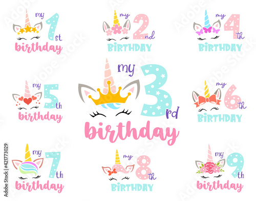 Unicorn birthday numbers for girl. Set of girly unicorn face with flower, crown. star, bow, butterfly, heart and the inscription my first birthday. Funny baby print. Kids birthday party.