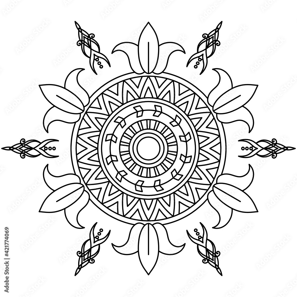 Easy mandala, coloring pattern for meditation on white background