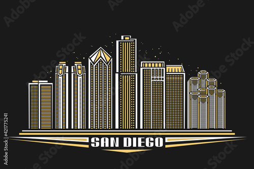 Vector illustration of San Diego City, horizontal poster with outline design illuminated american city scape, urban line art concept with decorative font for words san diego on dark evening background