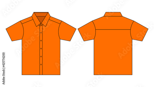 Orange Short Sleeve Uniforms Shirt With Yoke Style Template Vector.Front And Back Views.