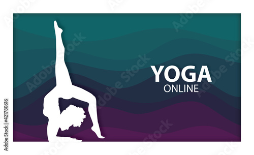 Online yoga class banner, paper cut woman figure exercise vector, colorful waves illustration