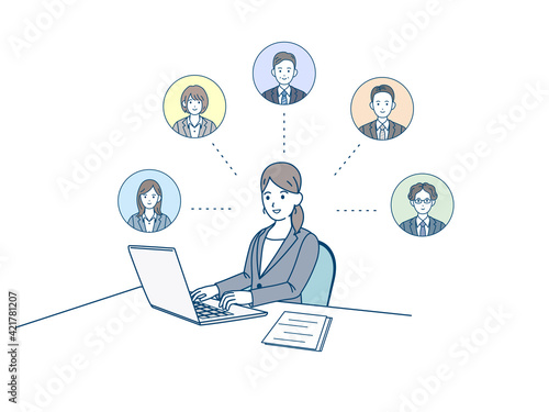 リモートワーク　テレワーク　ネットワーク　連携　パソコン作業　会社員　女性　イラスト素材