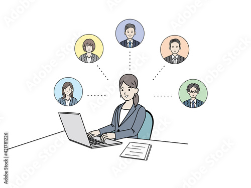 リモートワーク　テレワーク　ネットワーク　連携　パソコン作業　会社員　女性　イラスト素材