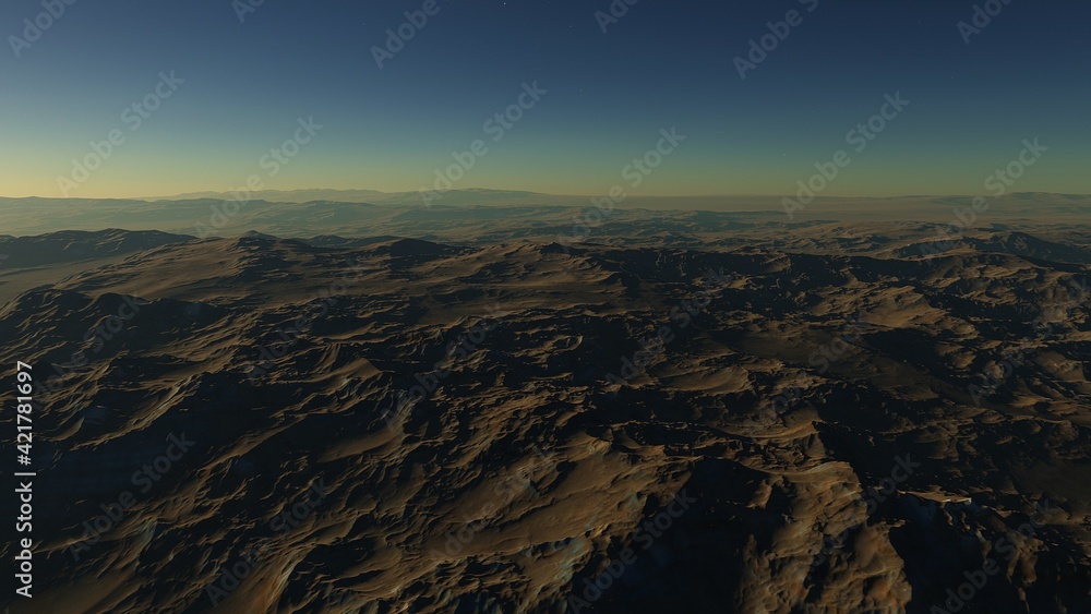 Fototapeta premium Exoplanet fantastic landscape. Beautiful views of the mountains and sky with unexplored planets. 3D illustration