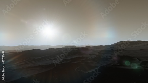 Exoplanet fantastic landscape. Beautiful views of the mountains and sky with unexplored planets. 3D illustration