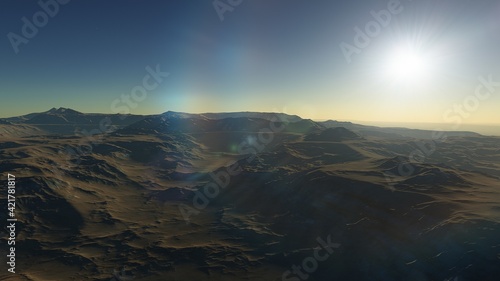 Exoplanet fantastic landscape. Beautiful views of the mountains and sky with unexplored planets. 3D illustration