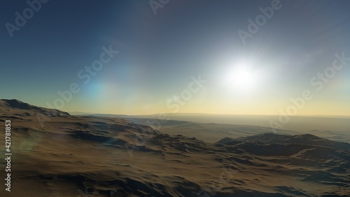 Exoplanet fantastic landscape. Beautiful views of the mountains and sky with unexplored planets. 3D illustration © ANDREI