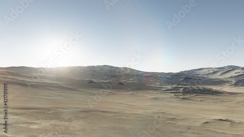 Exoplanet fantastic landscape. Beautiful views of the mountains and sky with unexplored planets. 3D illustration