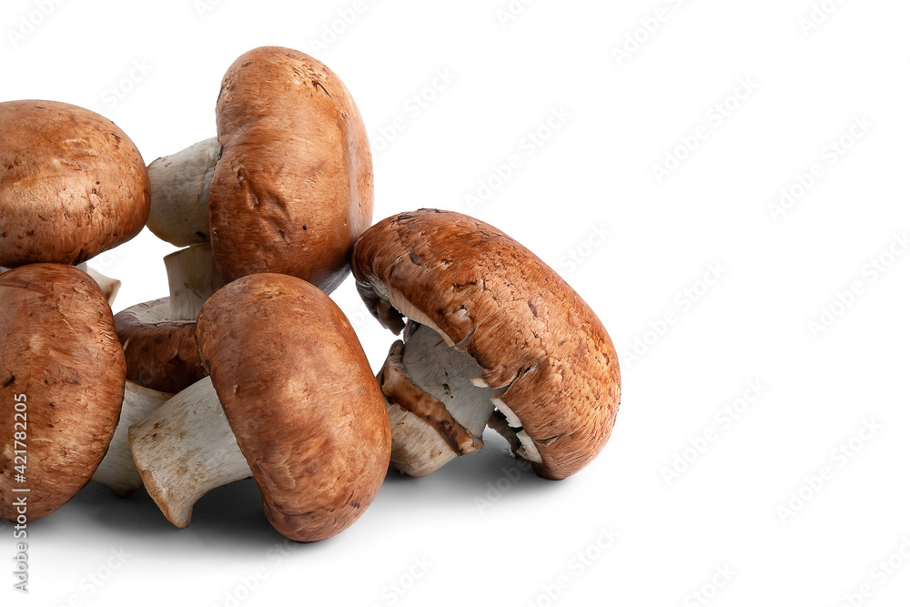Raw mushrooms champignons isolated on white background. Brown wet mushrooms with copy space. A pile of mushrooms. Raw mushrooms champignons isolated on white background. Brown wet mushrooms with copy space. A pile of mushrooms.
