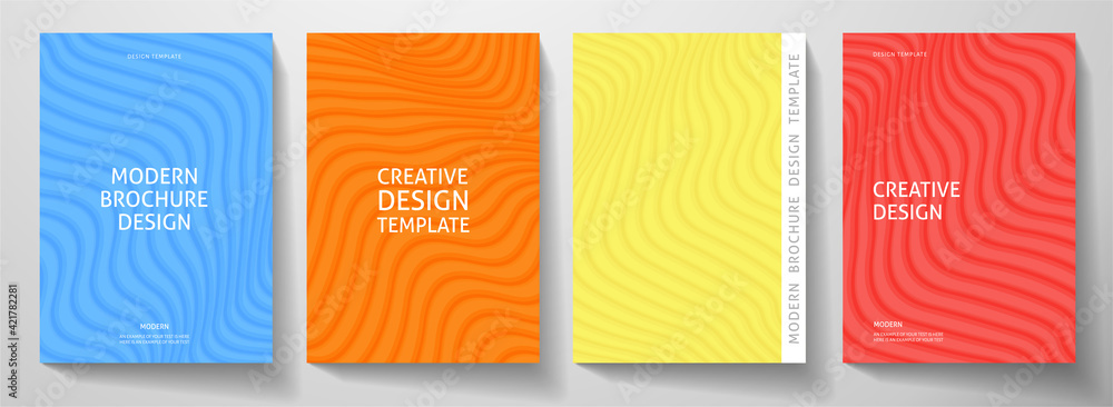Modern colorful cover design set.  Abstract wavy line pattern (curves) in blue, red, yellow, orange color. Creative stripe vector collection for business background, brochure template, booklet, flyer - obrazy, fototapety, plakaty 
