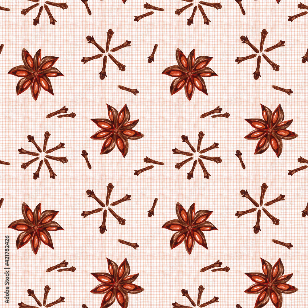 Seamless pattern with watercolor illustrations of anise and cloves. Seamless pattern with watercolor illustrations of anise and cloves.
