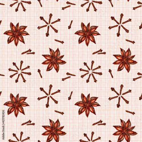 Seamless pattern with watercolor illustrations of anise and cloves.