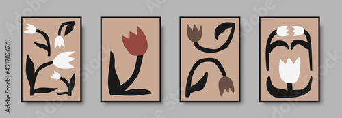 Botanical wall art abstract vector. Foliage line drawing. Neutral boho art print set. Minimal mid century wall art print for bedroom decor. Gallery decor poster, terracota colors. Vector illustration