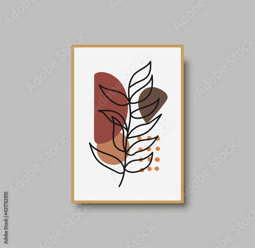 Botanical wall art abstract vector. Foliage line drawing. Neutral boho art print. Minimal mid century wall art print for bedroom decor. Gallery decor poster, terracota watercolor. Vector illustration