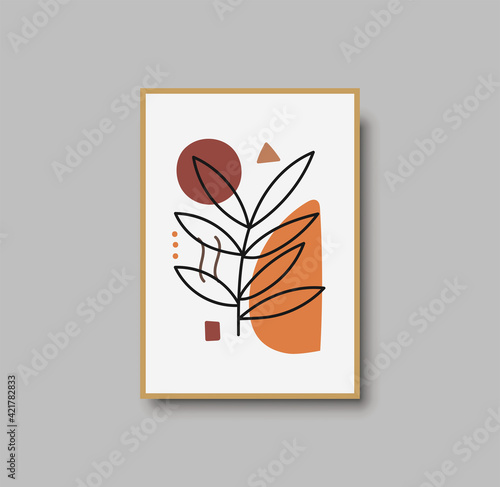 Botanical wall art abstract vector. Foliage line drawing. Neutral boho art print. Minimal mid century wall art print for bedroom decor. Gallery decor poster, terracota watercolor. Vector illustration