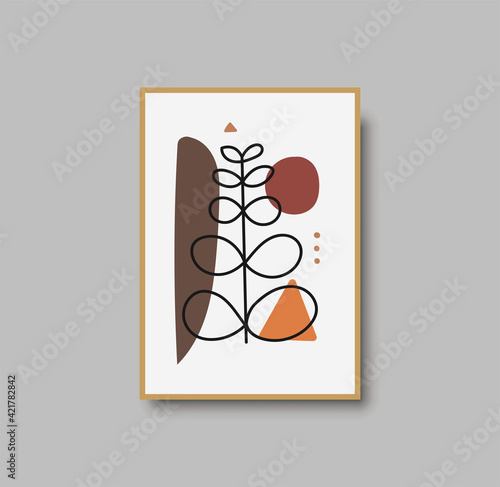 Botanical wall art abstract vector. Foliage line drawing. Neutral boho art print. Minimal mid century wall art print for bedroom decor. Gallery decor poster, terracota watercolor. Vector illustration