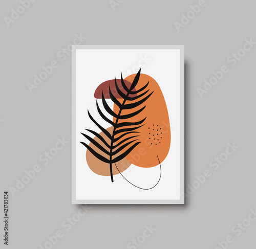 Botanical wall art abstract vector. Foliage line drawing. Neutral boho art print. Minimal mid century wall art print for bedroom decor. Gallery decor poster, terracota watercolor. Vector illustration